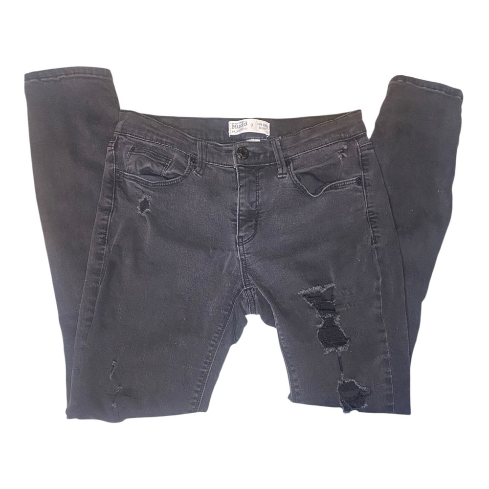 Mudd Women's FLX Stretch Low Rise Skinny Jeans Black Distressed (9)